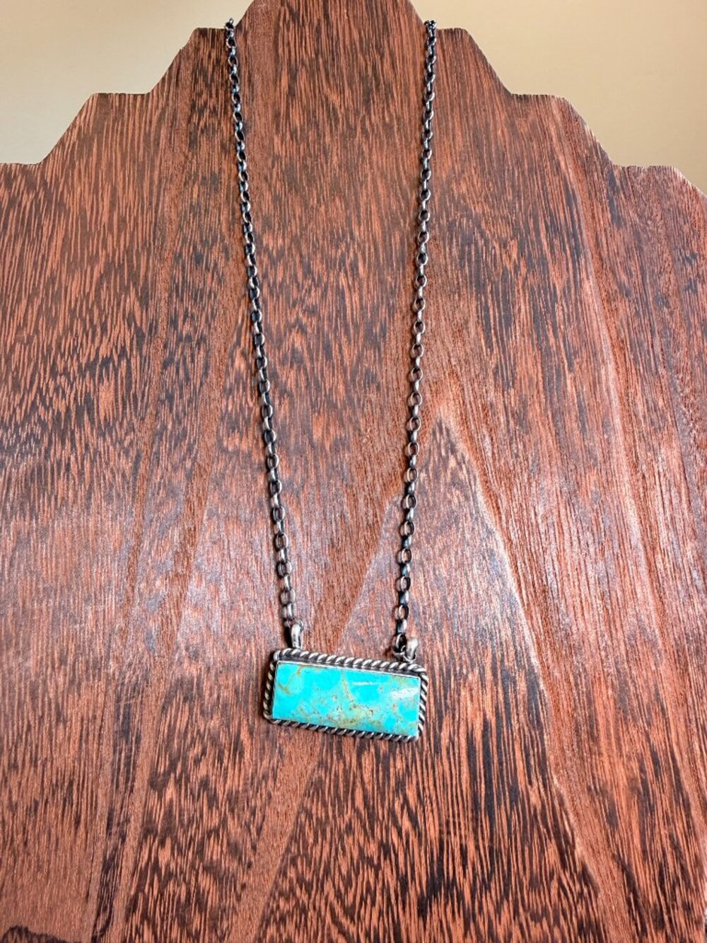 Navajo Made Kingman Turquoise Bar Necklace by Dixon – Sterling Silver